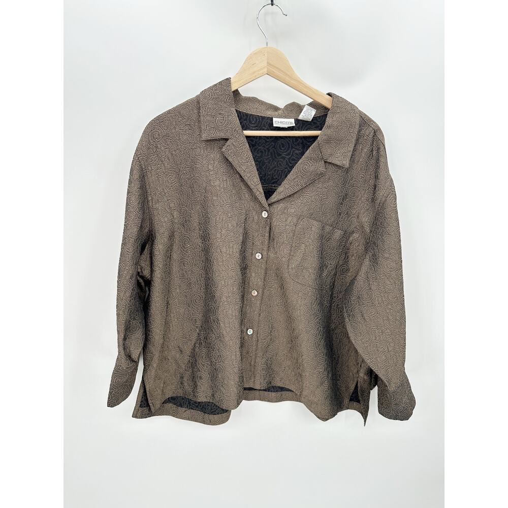 Chico’s Womens XL Brown Button‎ Front Jacket Textured Stitch Lightweight Artwear
